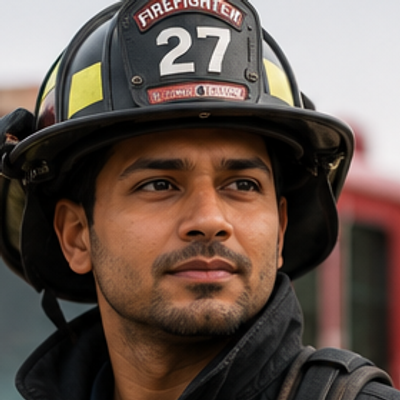 A firefighter in a helmet in front of a fire engine.