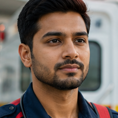 A paramedic standing beside an ambulance.