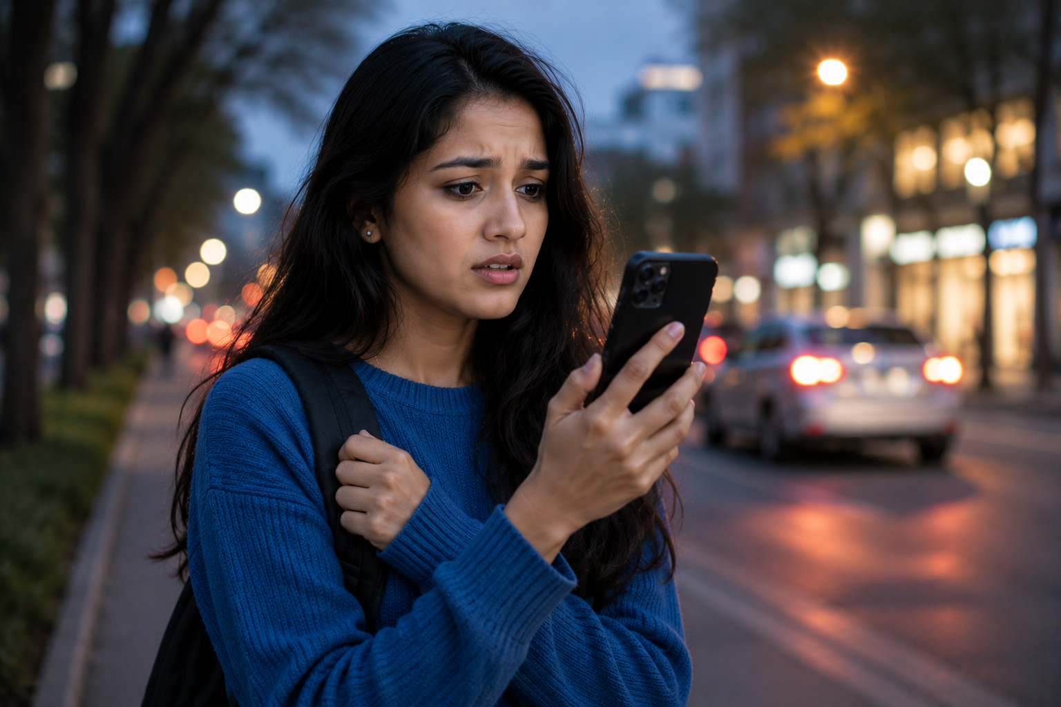 A young woman on a city street at dusk looking at her phone with a worried expression.